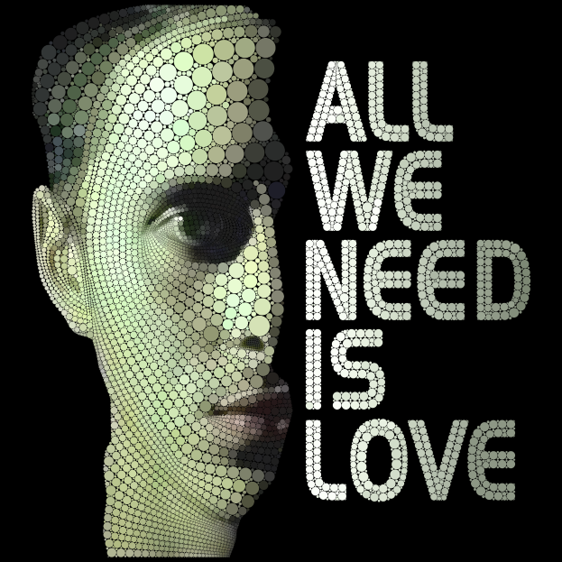 Ein Gesicht mit den Worten "alles was wir brauchen ist liebe" auf dunklem Hintergrund.