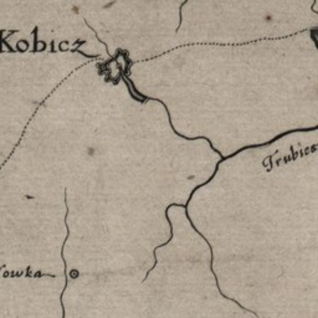 Ein detailliertes altes Stadtplan von Kobicz, Polen, mit Straßen, Gebäuden und anderen Stadtmerkmalen mit Textbeschriftungen.