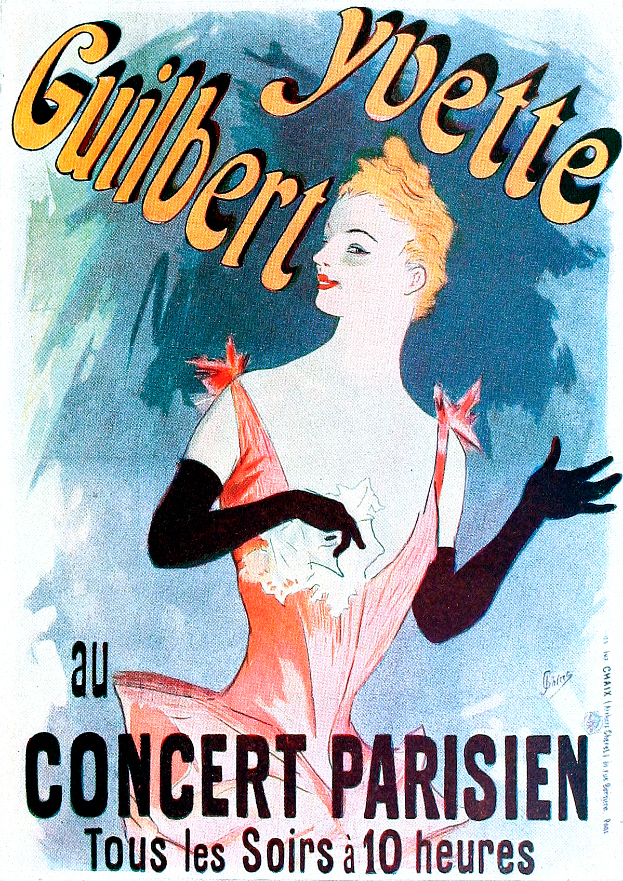 Ein Plakat, das ein Konzert in Paris ankündigt und eine Frau in einem rosafarbenen Kleid zeigt.