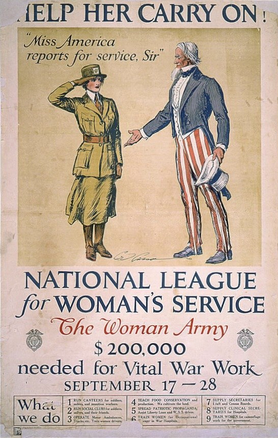 Ein Plakat der Nationalen Liga für Frauenarbeit mit zwei Personen, die nebeneinander stehen, und Text über die Organisation und ihre Mission.