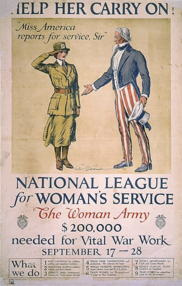 Ein Plakat der Nationalen Liga für Frauenarbeit mit zwei Personen, die nebeneinander stehen, und Text über die Organisation und ihre Mission.