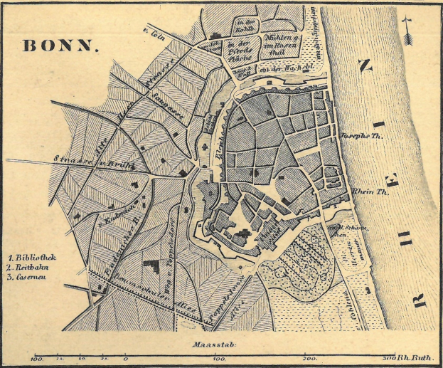 Alte detaillierte Karte von Bonn, Deutschland, zeigt Straßen, Gebäude und Sehenswürdigkeiten mit Textanmerkungen.