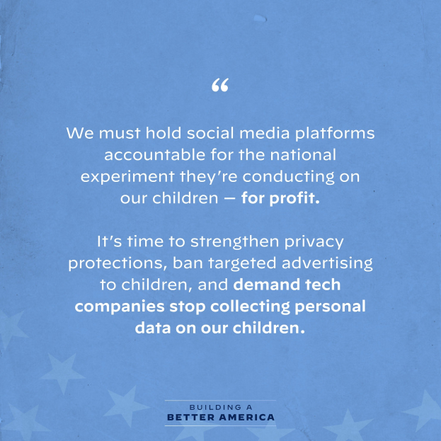 Ein Plakat mit einem Zitat aus 'Building a Better America', das besagt: 'Wir müssen soziale Medien-Plattformen für das nationale Experiment zur Kinderausbeutung - zum Profit - zur Verantwortung ziehen.', dekoriert mit Sternen.