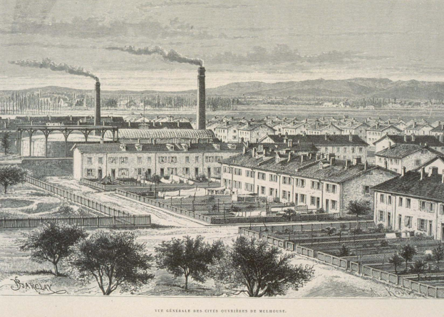 Schwarze und wei├če Zeichnung einer futuristischen Stadt mit Geb├Ąuden, B├Ąumen, Gras, Masten, einer ├Überquerung und Rauch, der aus den Schornsteinen aufsteigt, vor Hügeln und einem wolkenverhangenen Himmel, mit dem Text "Barclay, die Stadt der Zukunft" unten.