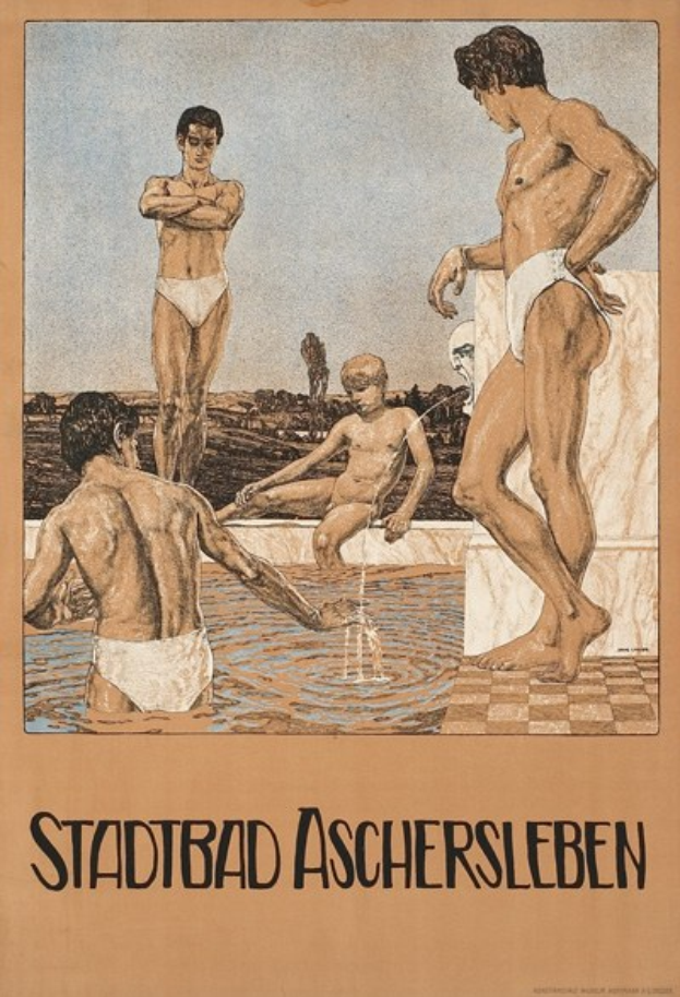 Plakat wirbt für ein Schwimmbad in Aschersleben, Deutschland, mit Menschen im Wasser und sitzender Person sowie Text mit Pool-Informationen.