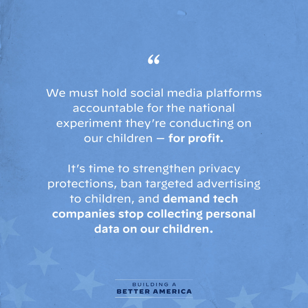 Ein Plakat mit einem Zitat aus Building a Better America über die Verantwortung von Social-Media-Plattformen für ihre Auswirkungen auf Kinder, geschmückt mit Sternen.