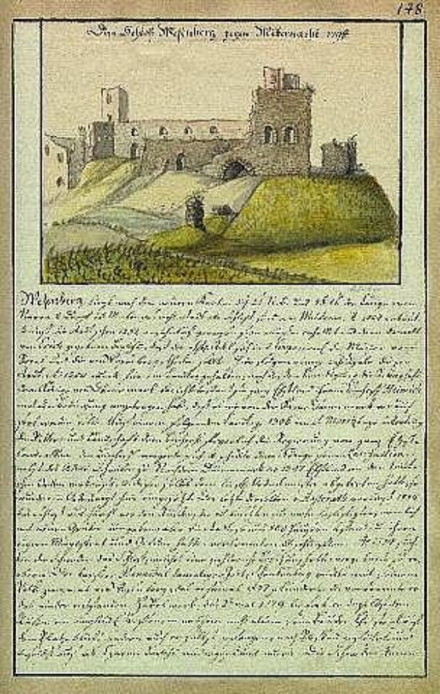 Altes Dokument mit dem Titel "München, Deutschland", das eine Zeichnung einer Burg auf einem Hügel mit grünem Gras und einem blauen Himmel zeigt.