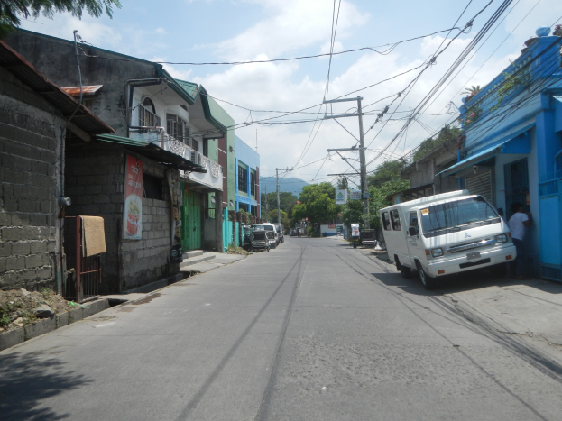Leere Straße mit einem weißen Van auf der Seite geparkt, flankiert von Gebäuden mit Fenstern und Türen, Strommasten mit Drähten, Bäumen im Hintergrund und einem bewölkten Himmel.