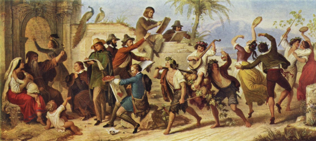 Gemälde mit dem Titel 'Der Tanz des verlorenen Sohnes', das eine Gruppe von Menschen zeigt, die vor einem Gebäude tanzen, wobei einige Gegenstände halten, vor Bäumen, Vögeln, einer Wand und einem sichtbaren Himmel.