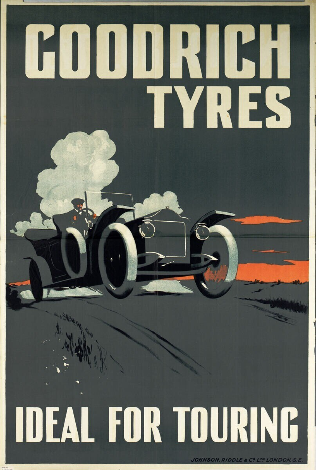 Ein Plakat, das Goodrich Reifen bewirbt und ein Auto mit einer Person darin zeigt, sowie Text, der Informationen über das Unternehmen und seine Dienstleistungen enthält.