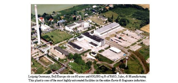 Luftaufnahme eines großen Industriegebiets in Leipzig, Deutschland, mit Gebäuden, Vegetation, Straßen und Strommasten, beschriftet mit "Bell Europe" unten.