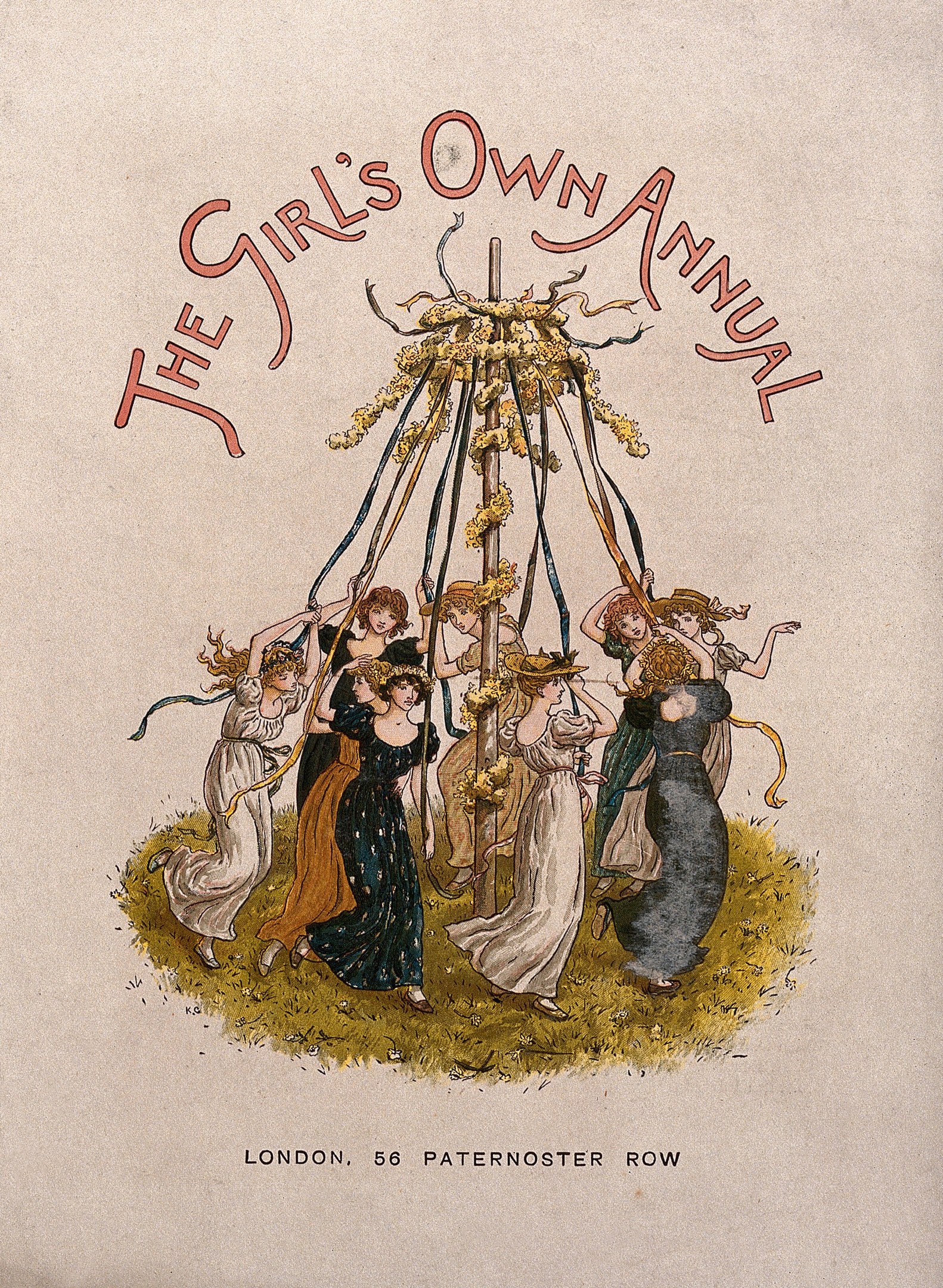 Illustration aus 'The Girl's Own Annual', die Menschen beim Tanzen um einen geschmückten Maibaum zeigt, die farbenfrohe Kleider und Bänder tragen.