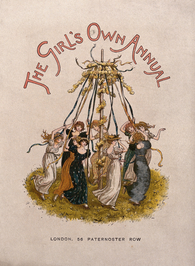 Illustration aus 'The Girl's Own Annual', die Menschen beim Tanzen um einen geschmückten Maibaum zeigt, die farbenfrohe Kleider und Bänder tragen.