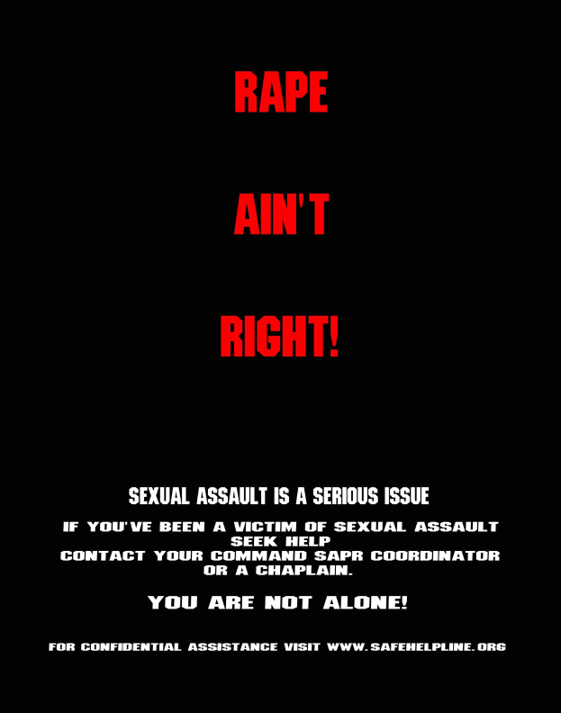 Plakat mit fettgedrucktem schwarzem Text, der "Rape Ain't Right: Sexual Assault is a Serious Issue" auf einem weißen Hintergrund mit einem schwarzen Rahmen darstellt.
