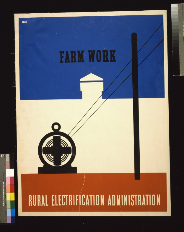 Plakat mit fetter schwarzer Schrift "Landwirtschaftliche Arbeit Stromversorgung" auf weißem Hintergrund, umrandet von einem schmalen schwarzen Rand, mit einer Grafik eines Bauernhofs mit Traktor und Scheune.