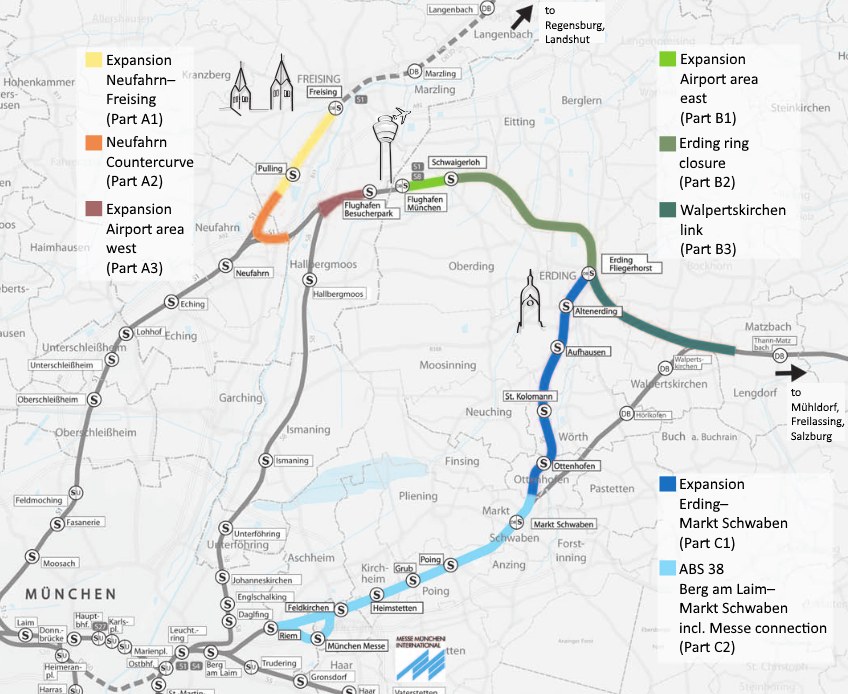 Eine detaillierte Karte einer Stadt mit einer hervorgehobenen Bahnroute von München nach Frankfurt, einschließlich Haltestellen und Umgebung, mit Text, der Bahn-details bereitstellt.