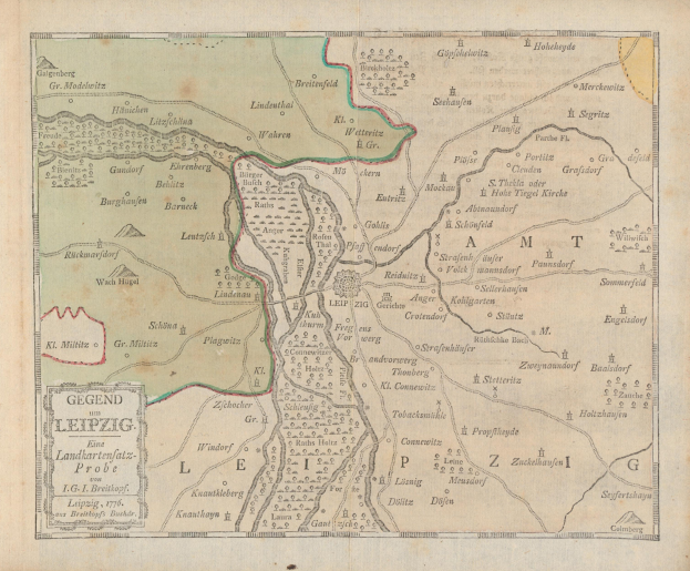 Ein detaillierter alter Stadtplan von Leipzig, Deutschland, der Straßen, Gebäude und Sehenswürdigkeiten mit Textanmerkungen zeigt.