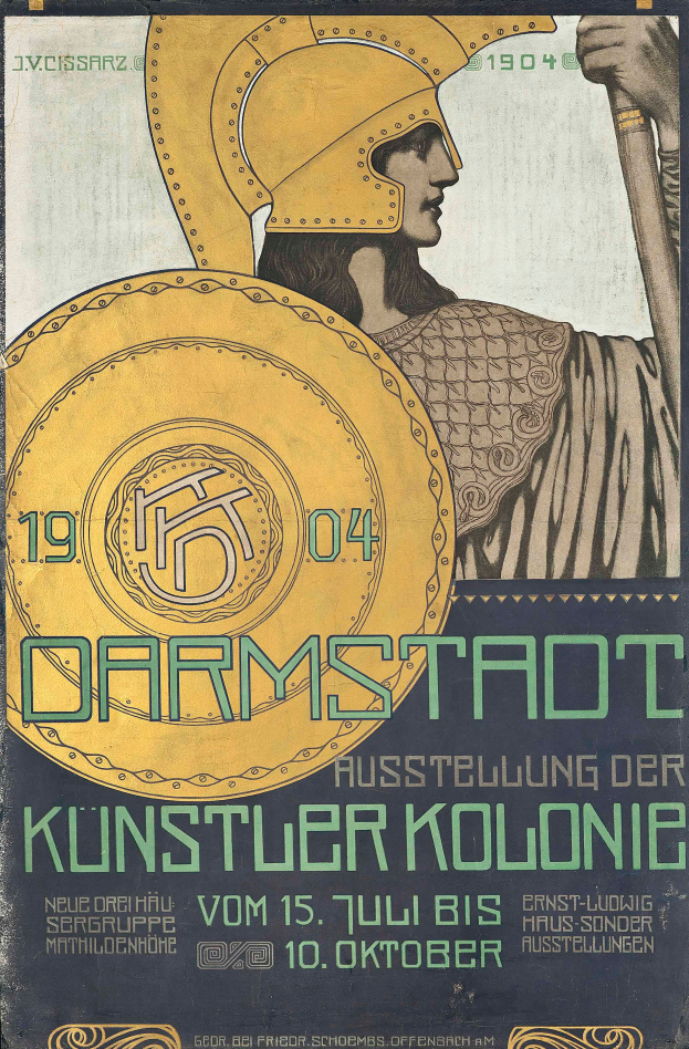 Ein Plakat, das ein Konzert in Berlin im Jahr 1904 ankündigt, zeigt eine Person in einem Helm, die ein Schild hält, mit 'Darmstadt' und 'Künstlerkolonie' in fetter Schrift.