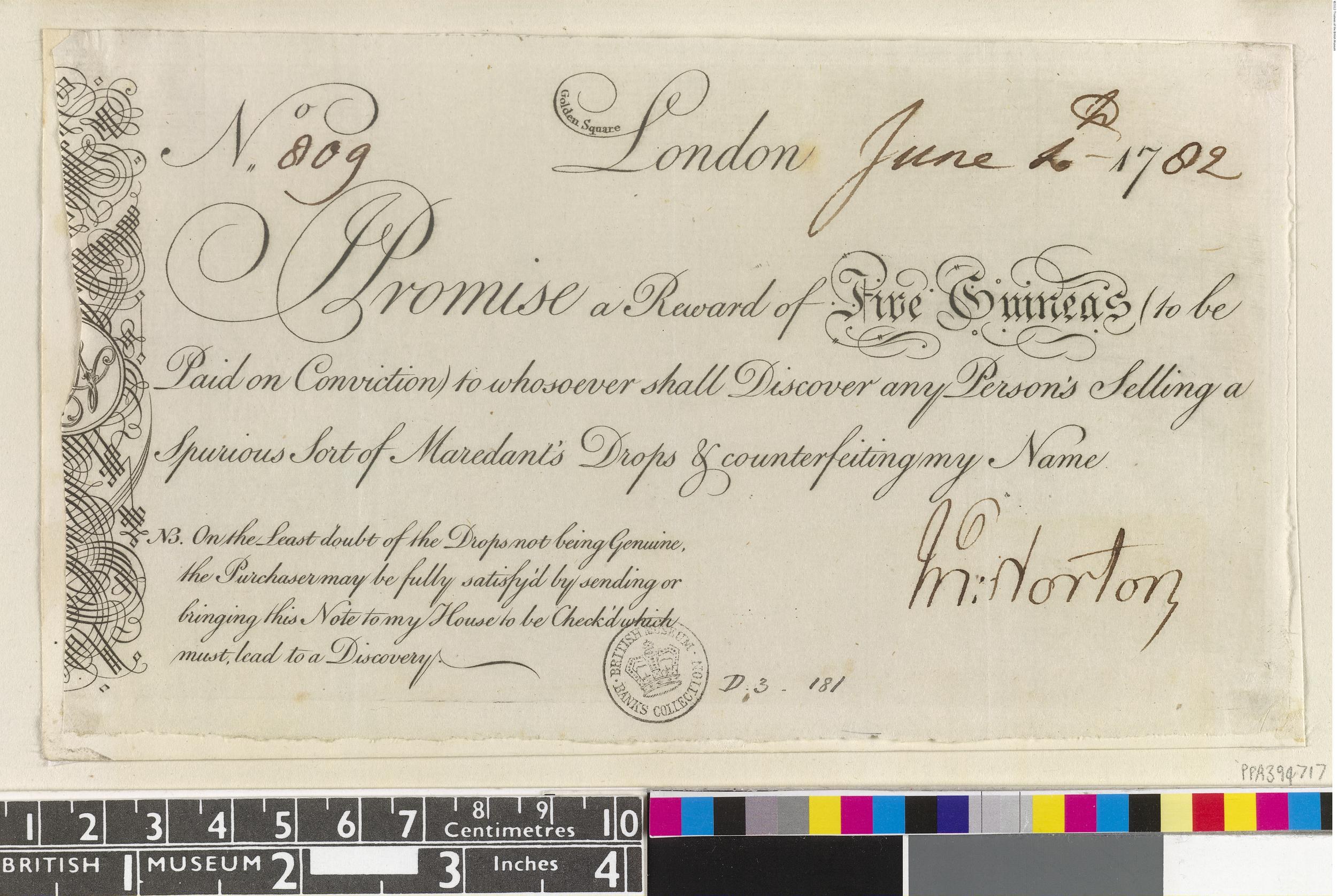 Altes Dokument mit schwarzer und weißer Handschrift, Text und einem Stempel, das farbige Skalen am unteren Rand zeigt, die eine Belohnung von fünf Emiraten für die Meldung von gefälschten Mardant's-Tropfen-Verkäufen angeben.