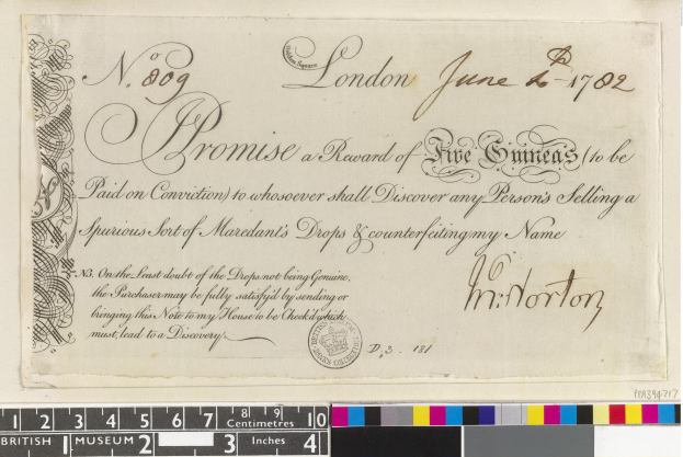 Altes Dokument mit schwarzer und weißer Handschrift, Text und einem Stempel, das farbige Skalen am unteren Rand zeigt, die eine Belohnung von fünf Emiraten für die Meldung von gefälschten Mardant's-Tropfen-Verkäufen angeben.