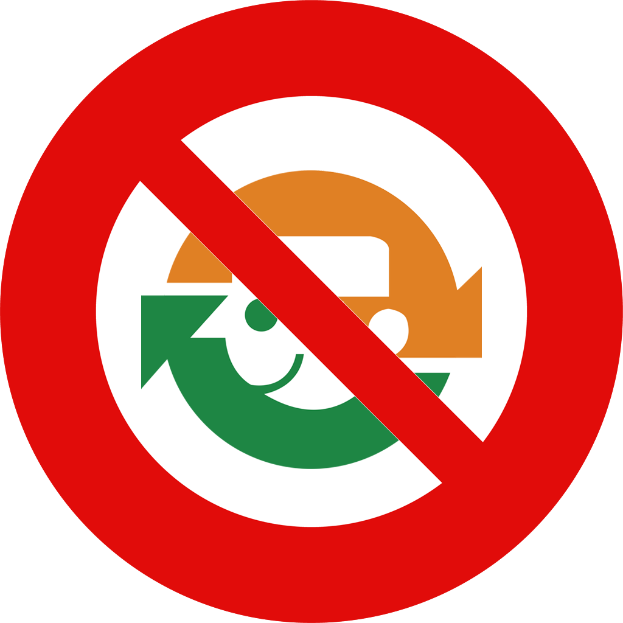 Ein rotes und weißes Schild mit schwarzer Schrift, auf der steht 'Keine Recycling' und ein Pfeil nach rechts zeigt.