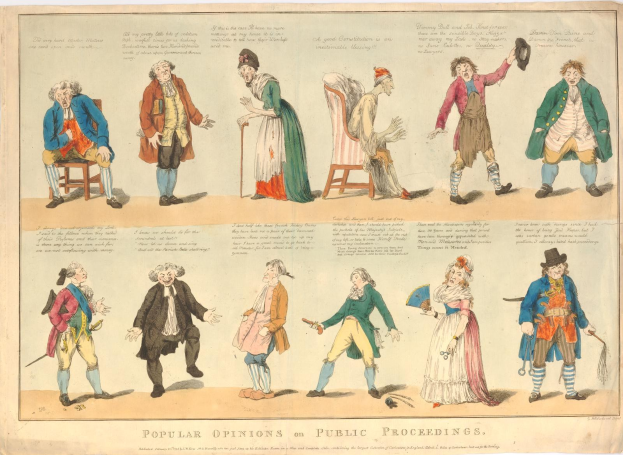 Zeitung mit Abbildungen von Menschen und handgeschriebenem Text, die die öffentliche Meinung zu den Vorgängen illustrieren.