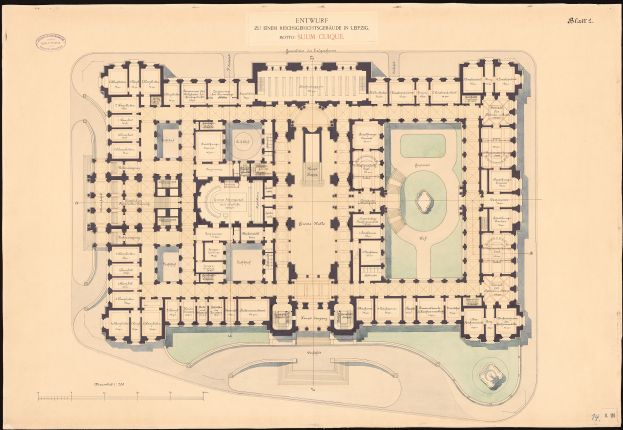 Ein detaillierter Grundrissplan des Schlosshof-Palasts in Hamburg, Deutschland, mit textuellen Anmerkungen zu den verschiedenen Räumen und Merkmalen.