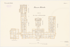 Ein detailliertes Grundriss-Zeichnung des Universitätsgebäudes in München, Deutschland, mit zahlreichen Räumen und Text- und Zahlenanmerkungen.