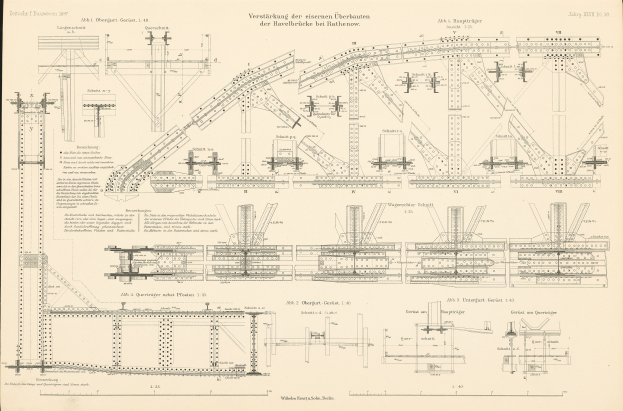 Ein altes Buch mit einer detaillierten Zeichnung einer Eisenbahnschiene und Diagrammen, das einen Überblick über die Brückenkonstruktion bietet.