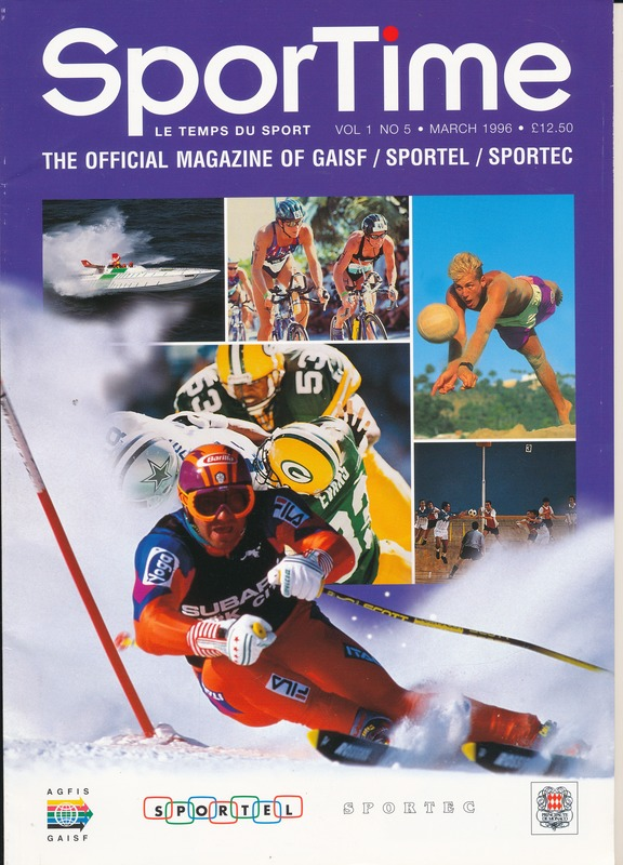 Ein Magazin-Cover mit der Aufschrift "Sporttime Magazine - März 1996" mit Bildern von Menschen beim Skifahren und Snowboarden sowie Texten und Logos.